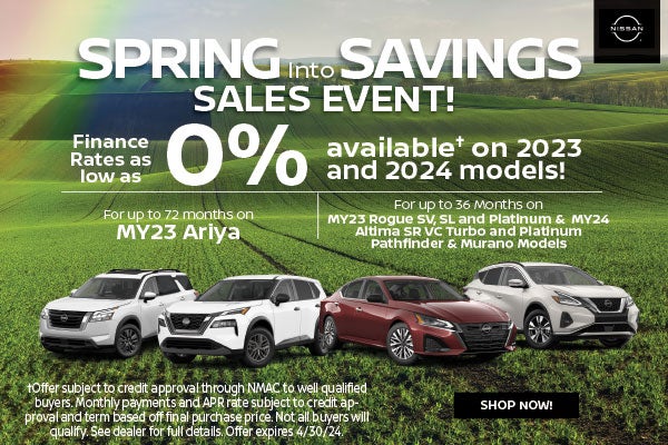 0% APR for up to 36 months on select models and up to 72 months on Ariya