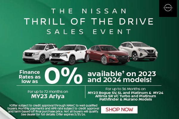 0% APR for up to 36 months on select models and up to 72 months on Ariya